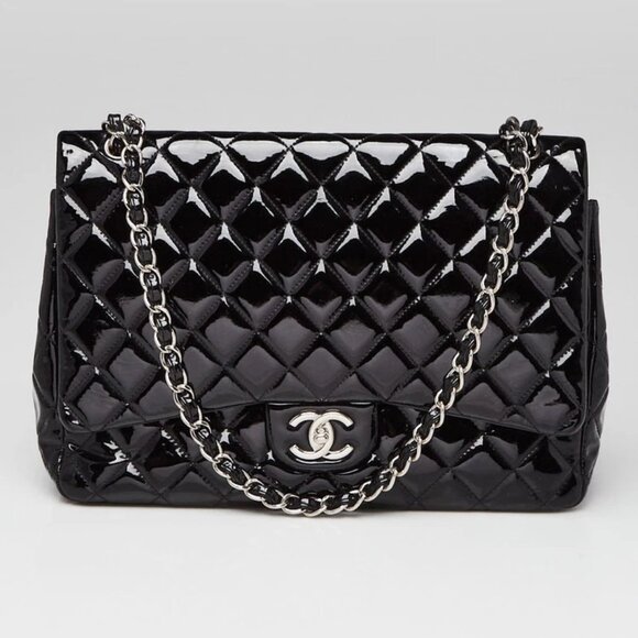 Chanel Black Quilted Patent Leather Classic Maxi Double Flap Bag - Picture 1 of 12